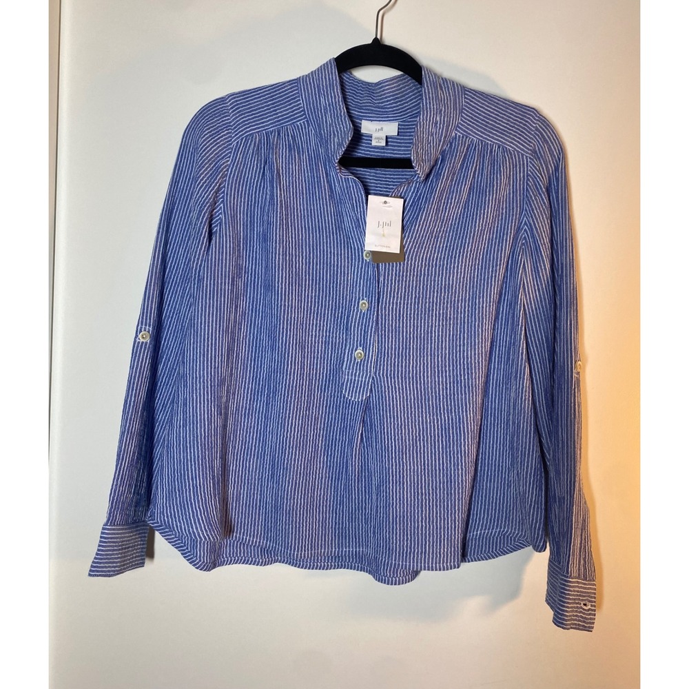 J. Jill Seersucker Tunic Women SP Blue White NWT Stripe Roll Tab Top 100% cotton